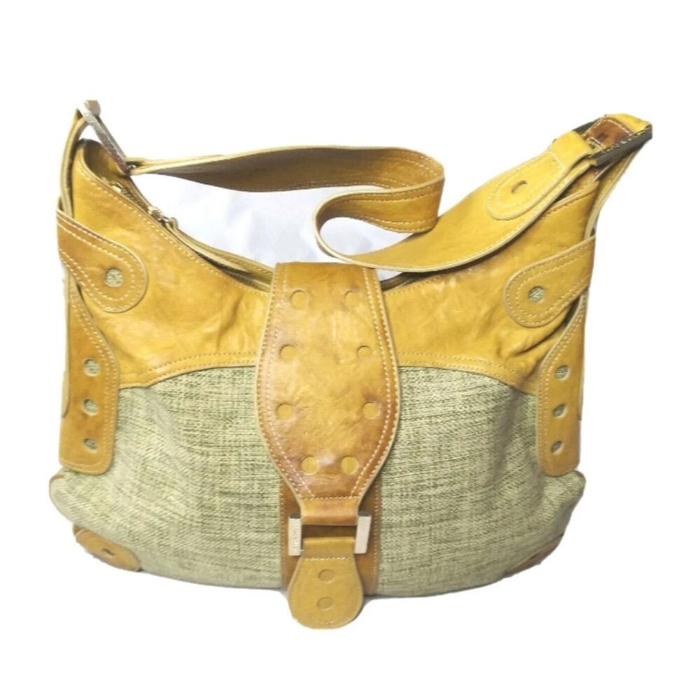 Vintage David & Scotti Hobo Shoulder Bag Jute & Leather Green & Tan Purse